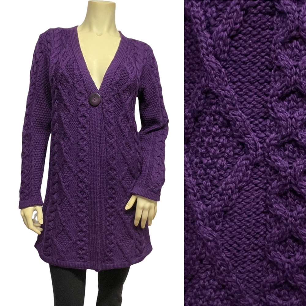 ARAN CRAFTS Merino Wool Chunky Knit Single Button Cardigan Sweater Purple XS S